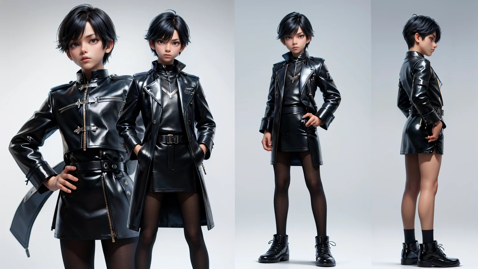 full body straight standing pose boy, 12yo student, Front Full body, blue side style hair, wearing leather style dress, white background, simple white background, character sheet, 