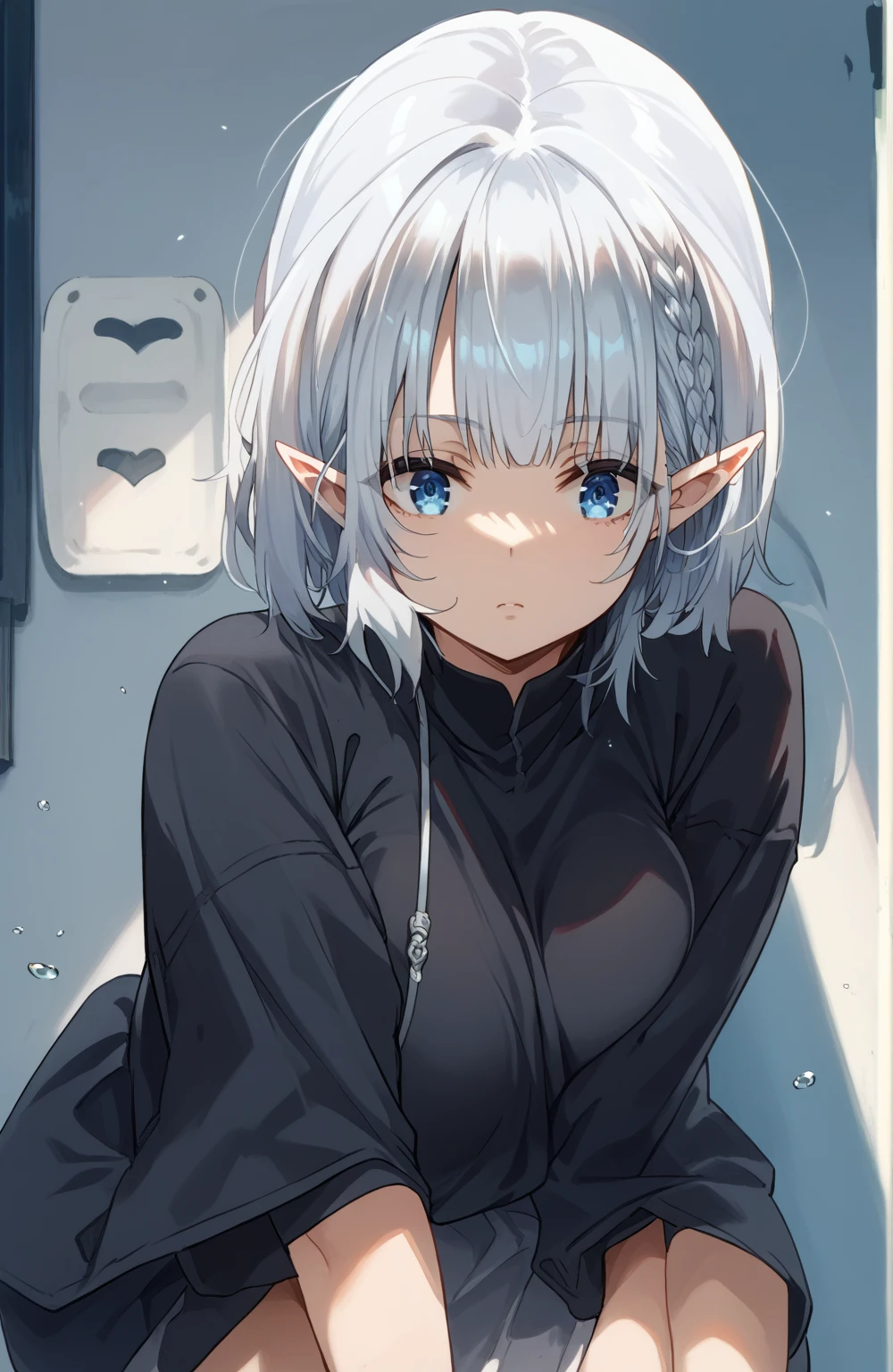 short hair,silver hair,blue eyes,elf,black shirt,big breast,looking down on viewer
