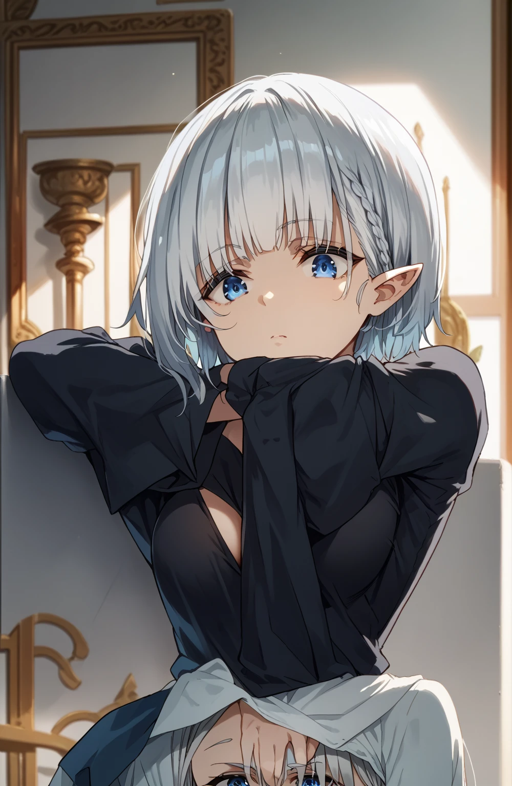 short hair,silver hair,blue eyes,elf,black shirt,big breast,looking down on viewer
