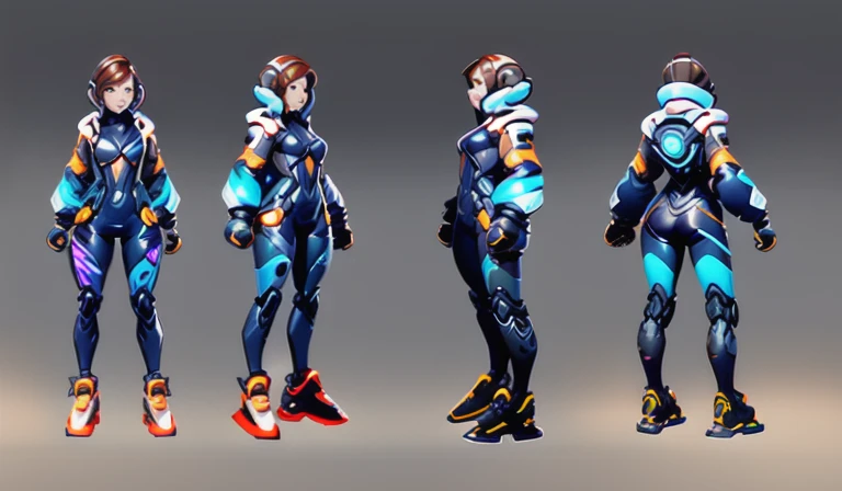 Multi-view, front view, side view, rear view, concept art, sci-fi character design, 1girl, brown hair, ass, short hair, science fiction, full body, gloves, jacket, standing, bodysuit, multiple views, skates, sneakers, shoes, grey background, gradient,