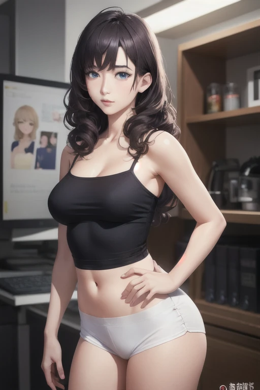 girl,Character design sheet,Beautiful attention to detail,Beautiful lip detail,Very detailed目と顔,Long eyelashes,Realistic,photoRealistic:1.37,Very detailed,Professional,Vibrant colors,Portraiture,Studio Lighting,Physically Based Rendering,High resolution,超High resolution. blue eyes,Big eyes, Close ~ eyes,Long Hair,Curly hair、Black Hair,Red cheeks,Lower eyes,camisole,Waist,Thighs