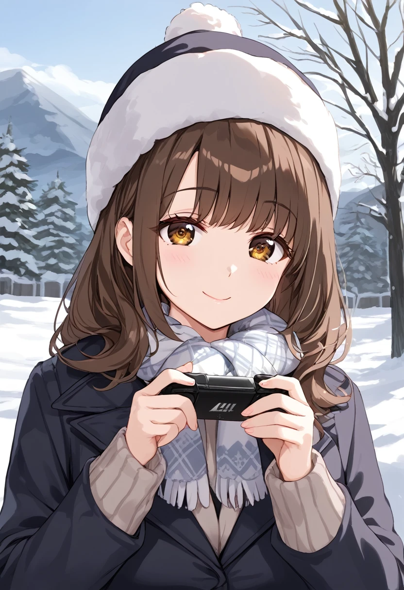 Woman with dark brown hair.Hazel eyes.She wears a winter dress.Playing in the snow