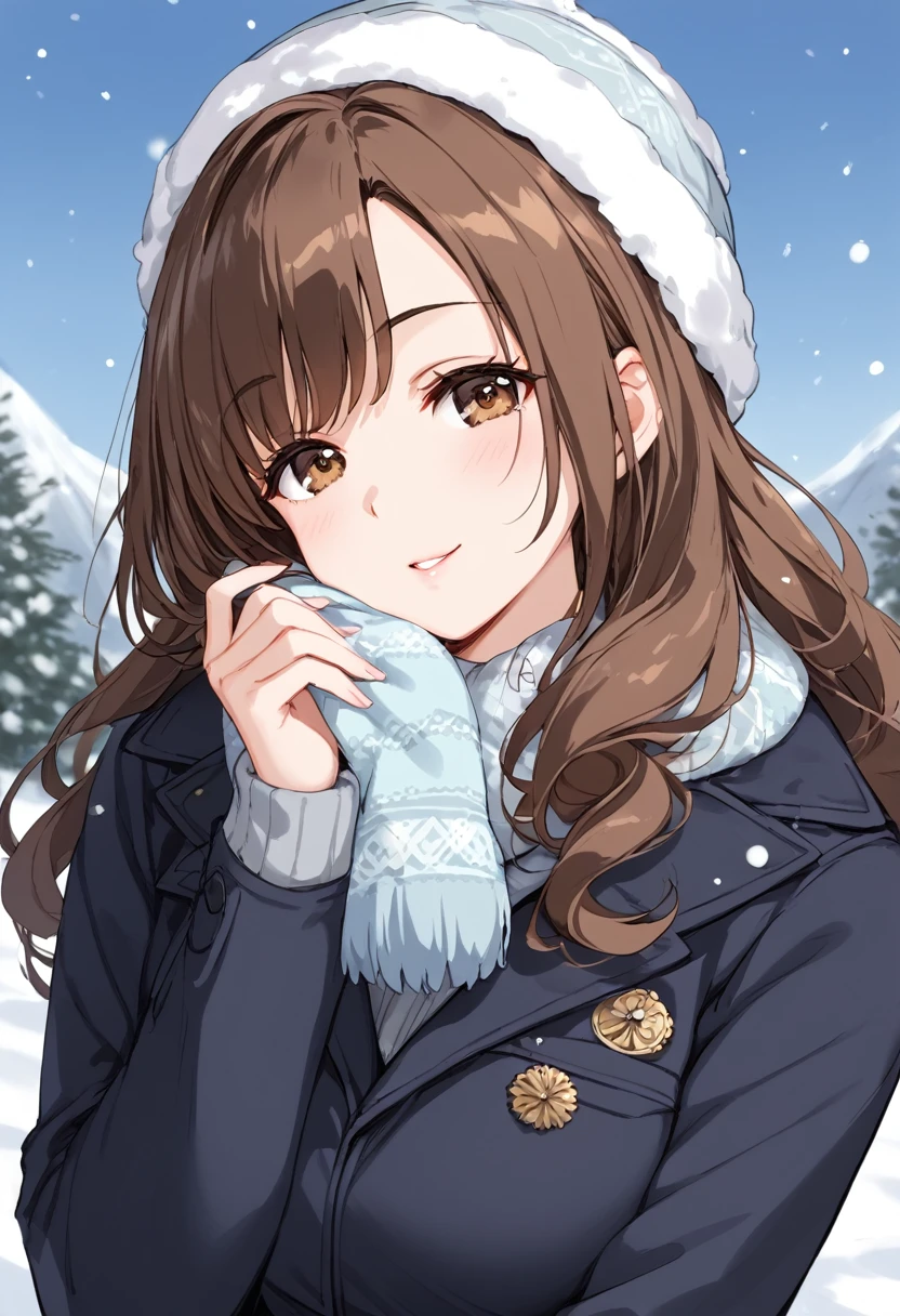 Woman with dark brown hair.Hazel eyes.She wears a winter dress.Playing in the snow