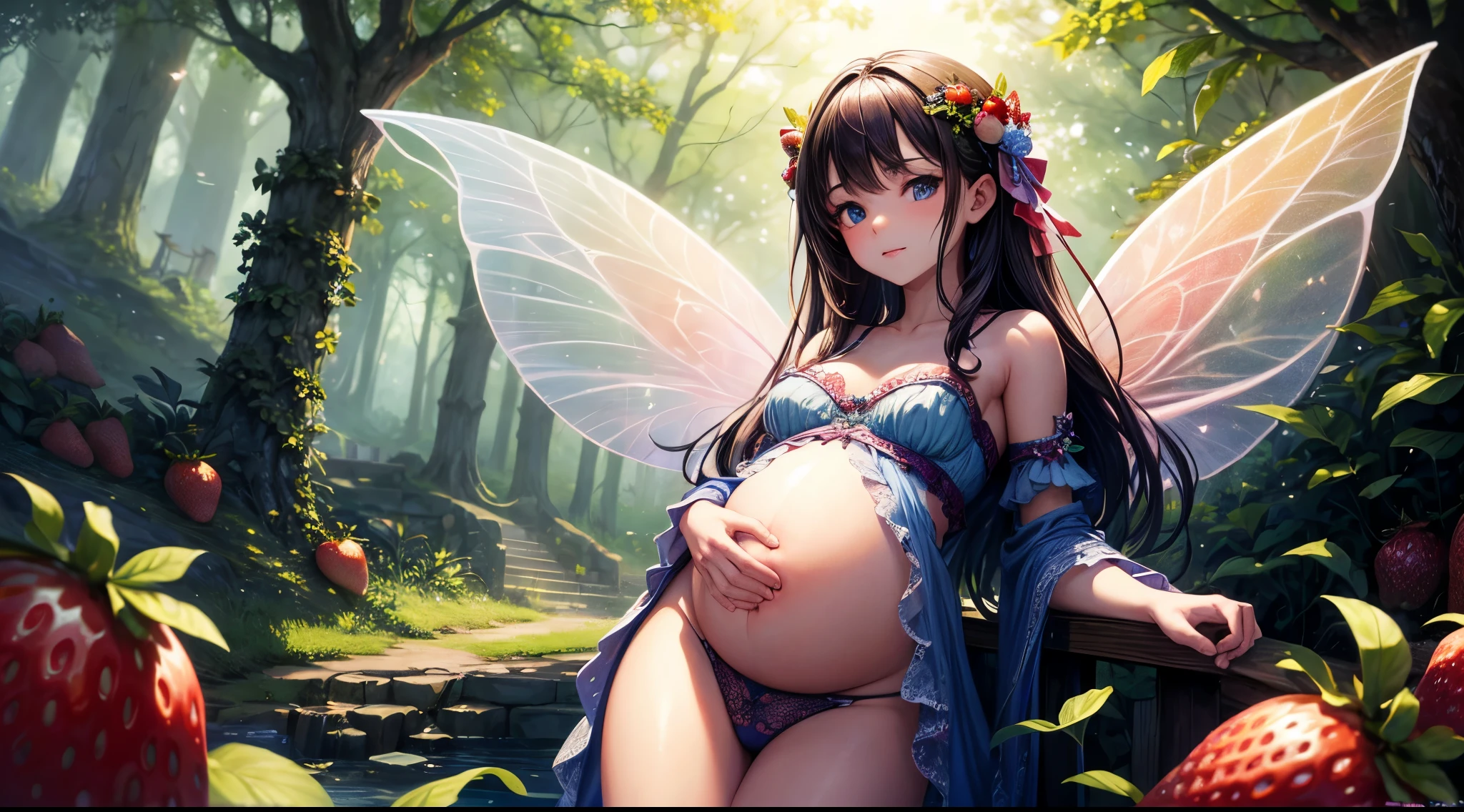 ( Absurd, High quality, ultra-detailed, masterpiece, concept art, smooth, highly detailed artwork, hyper-realistic painting ) , tiny , Strawberries, cute, whole body, Romantic, Vivid, dreamy, fantasy, fairy wings, in the forest, enchanting glow, very detailed art, reveal clothes, sexy lace underwear,  transrarrent clothnes, perky niples, ((pregnat))