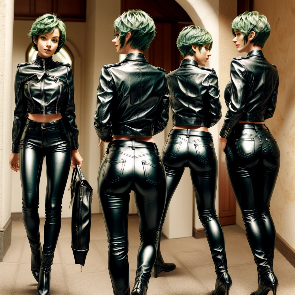 Frederica Greenhill, 25, short cut, green hair, black leather pants, showing rear