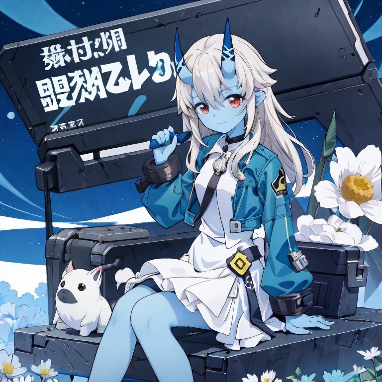 masterpiece, Highest quality, Soft lighting, Confused, Looking at the audience, alone, smile, 1 girl, white frill dress, blue flower field, sunlight, blue sky, buzzer, white beret, brown hair, Blue eyes, princess long hair, short height, she sits barefoot on flowers, soukaku (zenless zone zero) Ashen Horns Zero,