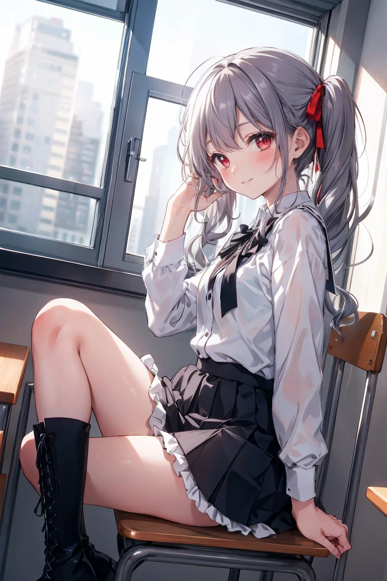 (masterpiece), (Highest quality), (figure), (Beautiful details), (High resolution), One girl, alone, View your viewers,
Sitting, Sitting on desk, From the side, put your hand on your face, 
Day没, Day, School,
(Tuxedo), Long Hair, Red eyes, (Gray Hair), Low twin tails,
Frills, ribbon, Lace-up boots, black hair ribbon, White shirt,
smile, blush,
indoor, window, [building]