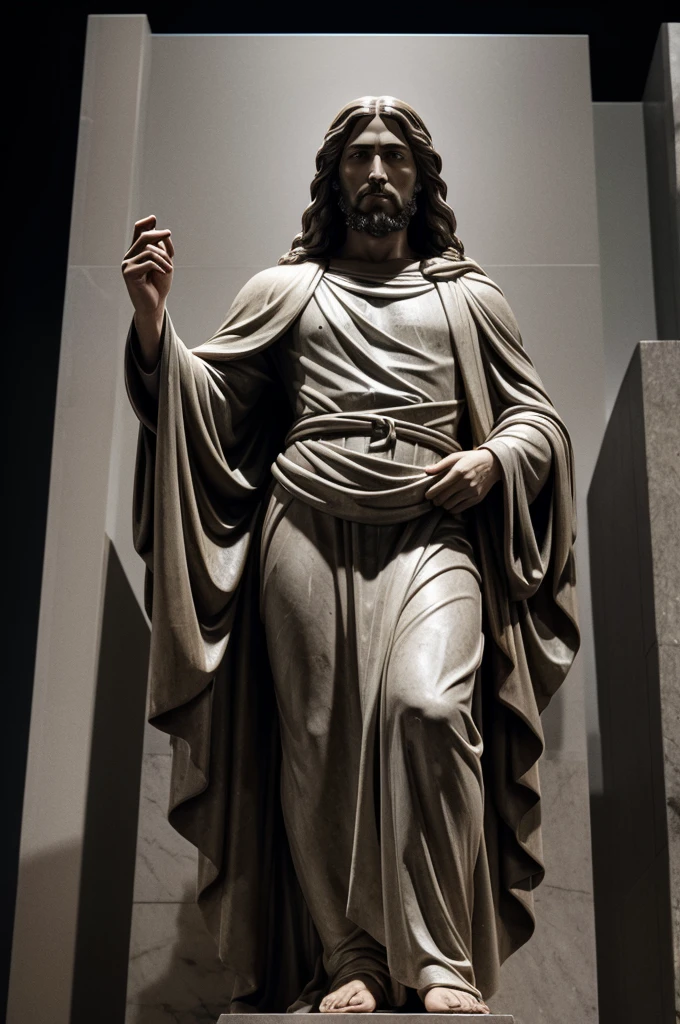 Create an Amoled Huntergrund image with a black background and in the foreground a grey marble statue of Jesus Christ in 