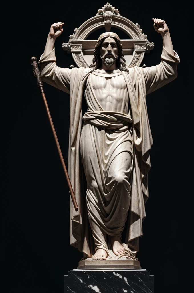 Create an Amoled Huntergrund image with a black background and in the foreground a grey marble statue of Jesus Christ in