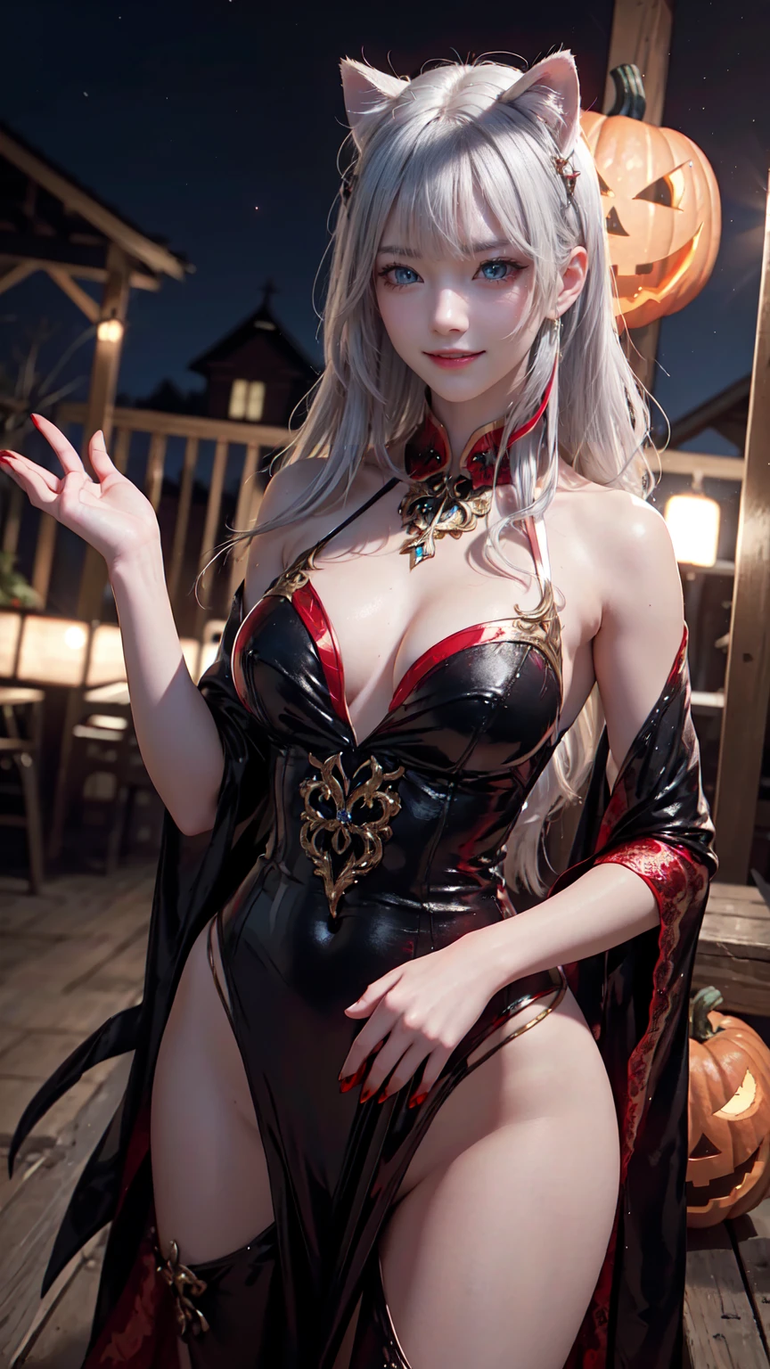 masterpiece, Highest quality, Highest quality, Beautiful and aesthetic:1.2, One girl, Halloween night, Wearing a silver and gold cat costume and blue, Detailed, ((Red eyes:1.8)), Stand with your hands on your hips and your chest sticking out, Large Breasts, Hard chest, Shapely breasts, Slim figure,
((Gray Hair, Red inner hair)), Wavy Hair, (Medium Long Hair:1.2), (Asymmetrical bangs:1.2),
At the Halloween venue late at night, (Cowboy Shot:1.1),