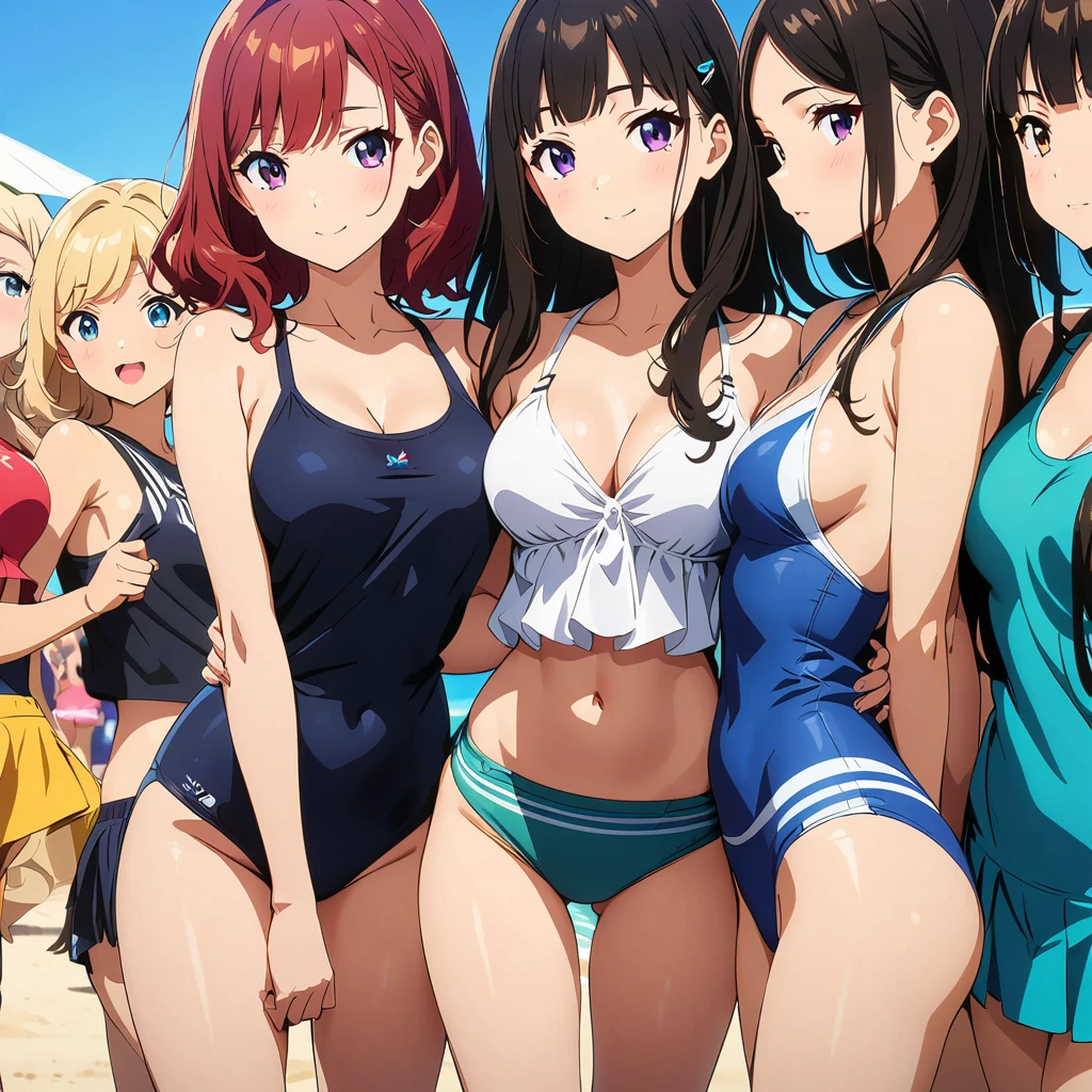(anime artwork, anime style, studio anime, very detailed, up to date, vibrant, Anime Coloring, high contrast, masterpiece:1.5, best quality, best aesthetics),5 girl,hug from behind,swim suits, Medium chest, A glimpse of thighs,random hair, One eye is hidden by the bangs, perfect proportions, high detail skin, Cute, detailed faces,beach, precise fingers,curvy,swim suits crowd