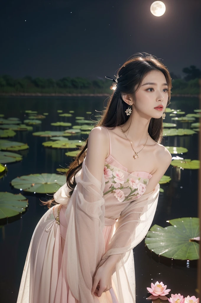 (((best quality))),(((ultra detailed))),(((masterpiece))),illustration,((1 beautiful young girl,solo)),((slim,thin)),(shoulder length straight hair:1.2),((earrings,necklace)),((small breasts,flat chest)),(see through traditional pink sheer Hanfu dress:1.3),(slender legs:1.2),(beside the lotus pond full of lotus flowers:1.3), serene moonlight, ethereal,floral pattern, water movement, billowing fabric, tranquil, moon reflection, petals, fireflies, magical, light,warm light, dreams, invitation, standing, gazing, reflection, inner thoughts, emotional, sweet scent, natural beauty, solitude, hypnotic lull, eternal summer,(night scene:1.3), natural world, human spirit, celebration, backdrop, water, glow,((from front,upper body))