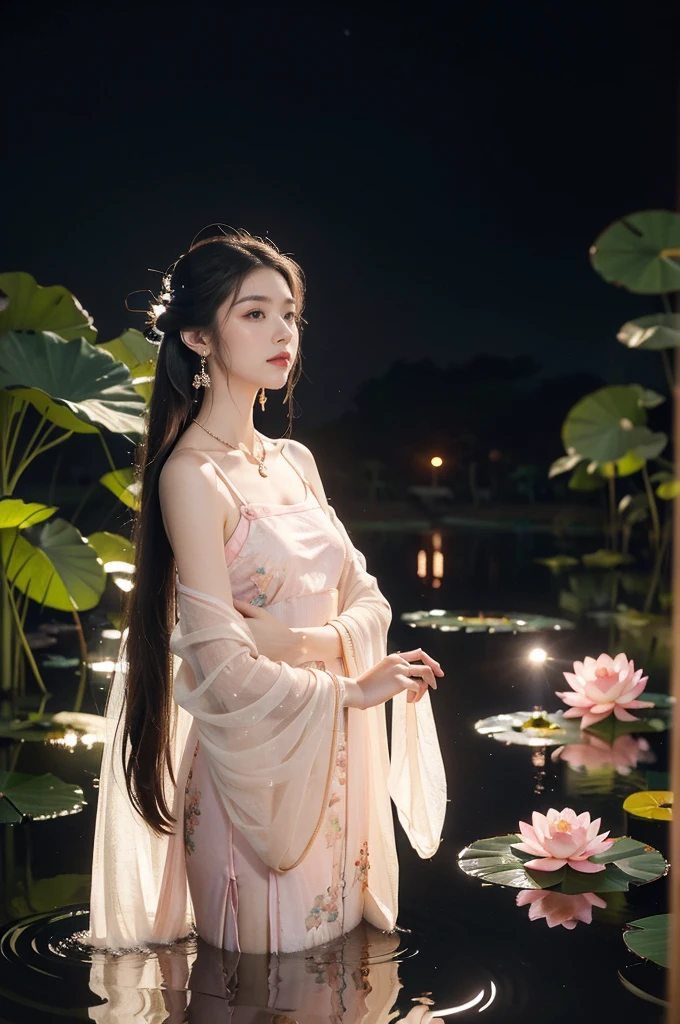 (((best quality))),(((ultra detailed))),(((masterpiece))),illustration,((1 beautiful young  girl,solo)),((slim,thin)),(shoulder length straight hair:1.2),((earrings,necklace)),((small breasts,flat chest)),(see through traditional pink sheer Hanfu dress:1.3),(slender legs:1.2),(beside the lotus pond full of lotus flowers:1.3), serene moonlight, ethereal,floral pattern, water movement, billowing fabric, tranquil, moon reflection, petals, fireflies, magical, light,warm light, dreams, invitation, standing, gazing, reflection, inner thoughts, emotional, sweet scent, natural beauty, solitude, hypnotic lull, eternal summer,(night scene:1.3), natural world, human spirit, celebration, backdrop, water, glow,((from front,upper body))