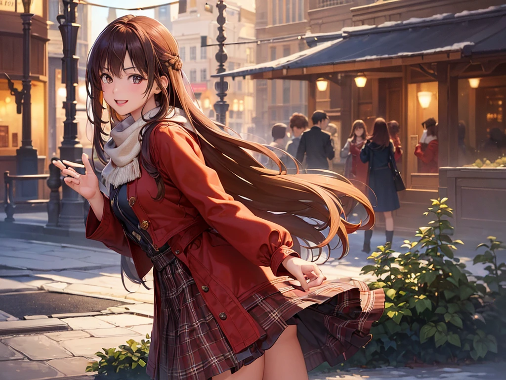 (masterpiece、Highest quality:1.2),Frame In、 Cowboy Shot, alone, One Girl, View your audience, (Highest quality, 8k, Oil, Tabletop:1.2), Very detailed, (Realistic, Realistic:1.37), Wearing a red coat、Wearing a white scarf、Medium Hair、Brown Hair、smile、City of night、Winter Night、