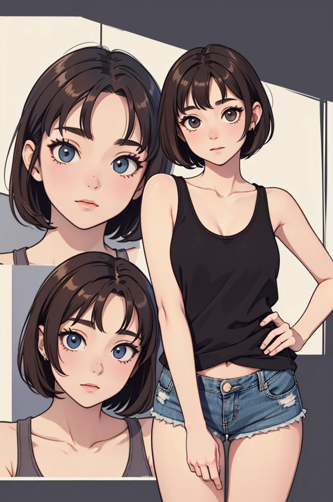 (((masterpiece, best quality, ultra highres, 1 girl, solo, no background))), super detailed skin and face and eyes and finger, beautiful japanese woman, small breasts:1.5, skinny, light brown hair, white background, very short pixie hair, Knee shot, Generate with illustrations, Various expressions, Various poses, Please draw the entire character within the frame, ensuring that the head, arms, and legs are not cut off. The background should be simple, with the character positioned centrally, outline, anime, 2d, boyish, tank top, denim shorts,
