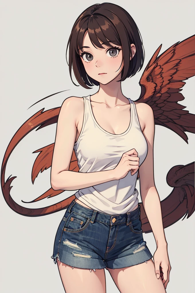 (((masterpiece, best quality, ultra highres, 1 girl, solo, no background))), super detailed skin and face and eyes and finger, beautiful japanese woman, small breasts:1.5, skinny, light brown hair, white background, very short pixie hair, Knee shot, Generate with illustrations, Various expressions, Various poses, Please draw the entire character within the frame, ensuring that the head, arms, and legs are not cut off. The background should be simple, with the character positioned centrally, outline, anime, 2d, boyish, tank top, denim shorts,