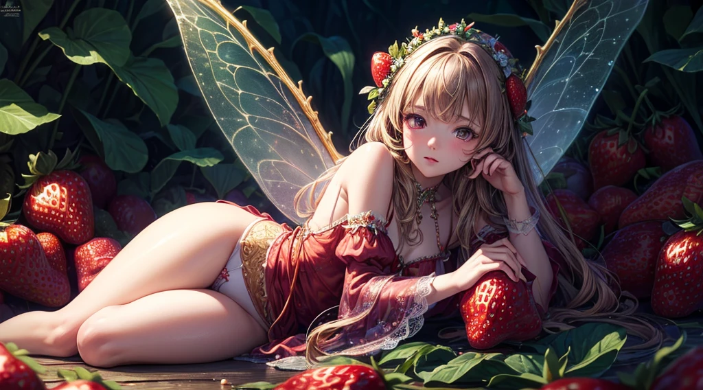 ( Absurd, High quality, ultra-detailed, masterpiece, concept art, smooth, highly detailed artwork, hyper-realistic painting ) , tiny , strawberry girl, Strawberries, cute, whole body, Romantic, Vivid, dreamy, fantasy, fairy wings, in the forest, enchanting glow, very detailed art, reveal clothes, sexy lace underwear