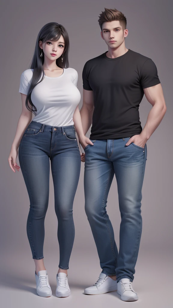 a young couple posing for a picture in front of a gray wall, wearing casual clothing,big breast,fat body,modern casual clothing, wearing jeans, casual modern clothing, wearing casual clothes, couple pose, wearing a shirt and a jean, full body pictures, lovely couple, wearing tight simple clothes, tall and slim, man and woman, casual clothing, jeans and t shirt