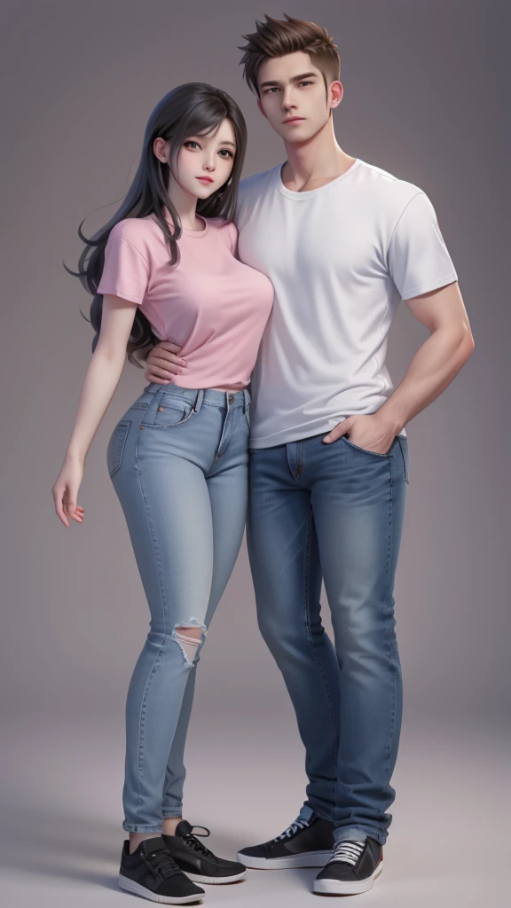 a young couple posing for a picture in front of a gray wall, wearing casual clothing,big breast,fat body,modern casual clothing, wearing jeans, casual modern clothing, wearing casual clothes, couple pose, wearing a shirt and a jean, full body pictures, lovely couple, wearing tight simple clothes, tall and slim, man and woman, casual clothing, jeans and t shirt