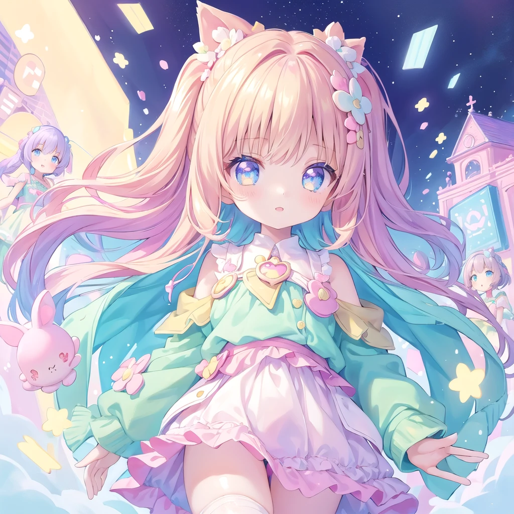masterpiece, (million 2girls and 2girls and 2girls and 2girls), idol, closeup, big eyes, kawaiitech, kawaii, cute, pastel colors, best quality, happy, deep background, symmetrical, tilted head, spring