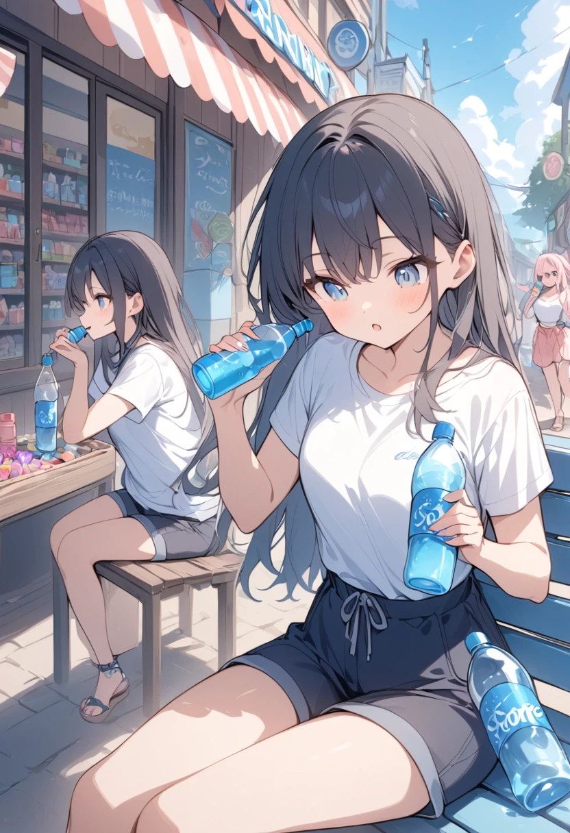 Summer vacation、Candy store background、Bench next to the candy store、Sitting、Two Girls、White T-shirt、Short trousers、Drinking Ramune from a bottle