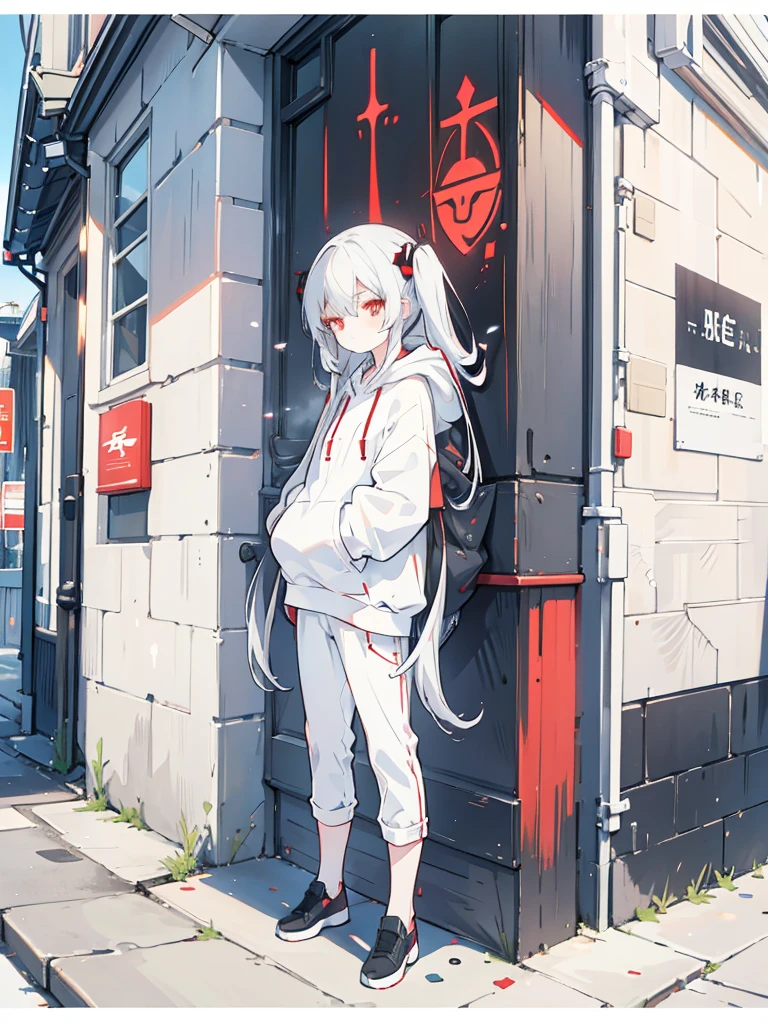 White twintails, middle hair, red eyes, black hoodie with hood, smoking, languid expression, alley wall, dusk, hooded, mature, cute, leaning against a wall, pants, lighter in right hand.