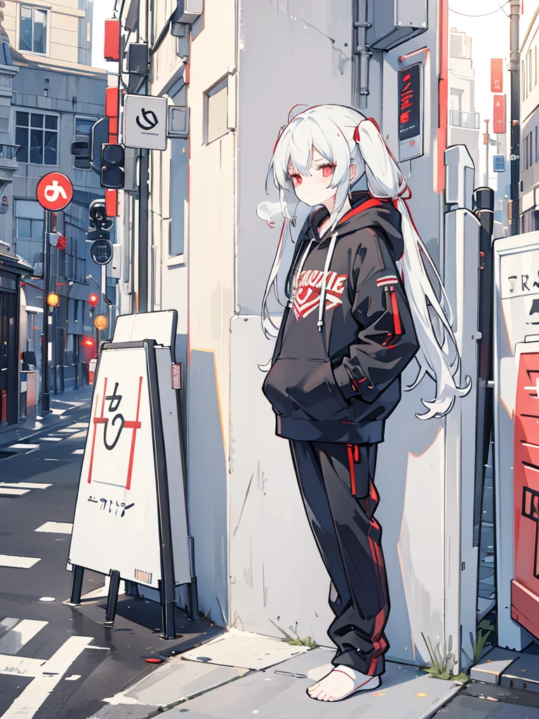 White twintails, middle hair, red eyes, black hoodie with hood, smoking, languid expression, alley wall, dusk, hooded, mature, cute, leaning against a wall, pants, lighter in right hand.