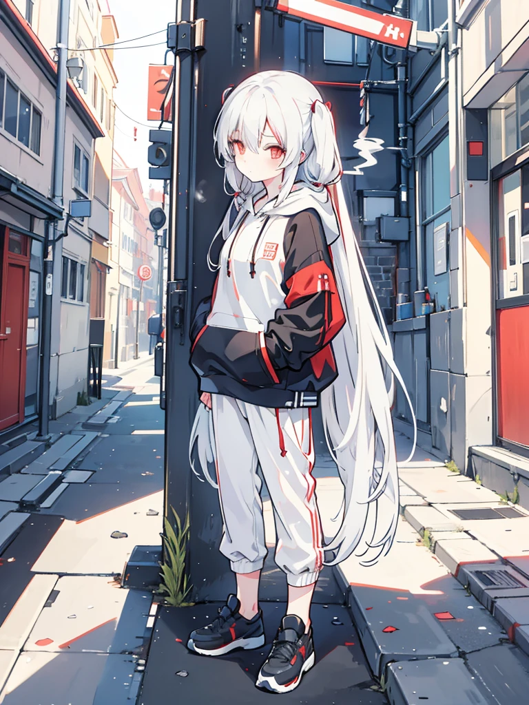 White twintails, middle hair, red eyes, black hoodie with hood, smoking, languid expression, alley wall, dusk, hooded, mature, cute, leaning against a wall, pants, lighter in right hand.