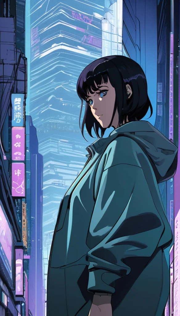 Cinematic scene, Kusanagi Motoko, Ghost in the Shell, detailed background, masterpiece, best quality, high quality, highres, absurdres (Anime Scene, Toonshading, Satoshi Kon, Ken Sugimori, Hiromu Arakawa:1.2), (Anime Style, Manga Style:1.3), Low detail, sketch, concept art, line art, webtoon, manhua, hand drawn, defined lines, simple shades, minimalistic, High contrast, Linear compositions, Scalable artwork, Digital art, High Contrast Shadows, glow effects, humorous illustration, big depth of field, Masterpiece, colors, concept art, trending on artstation, Vivid colors, dramatic