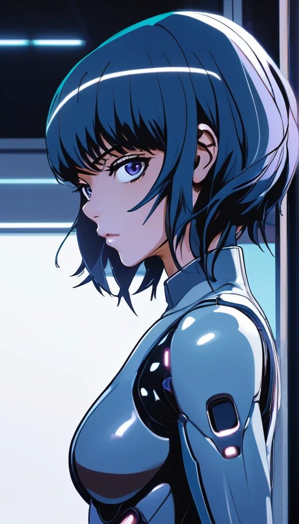 Cinematic scene, Kusanagi Motoko, Ghost in the Shell, detailed background, masterpiece, best quality, high quality, highres, absurdres (Anime Scene, Toonshading, Satoshi Kon, Ken Sugimori, Hiromu Arakawa:1.2), (Anime Style, Manga Style:1.3), Low detail, sketch, concept art, line art, webtoon, manhua, hand drawn, defined lines, simple shades, minimalistic, High contrast, Linear compositions, Scalable artwork, Digital art, High Contrast Shadows, glow effects, humorous illustration, big depth of field, Masterpiece, colors, concept art, trending on artstation, Vivid colors, dramatic