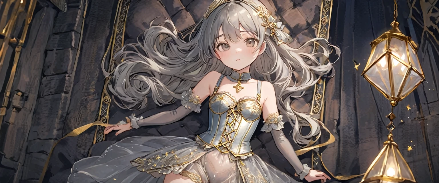 8 year old medieval girl, 1people々、In underwear、Gold and silver thread embroidery、Translucent underwear that reaches below the knee(Bloomers)wear、wear a semi-transparent corset、Translucent slip, Grey translucent tights、sleep