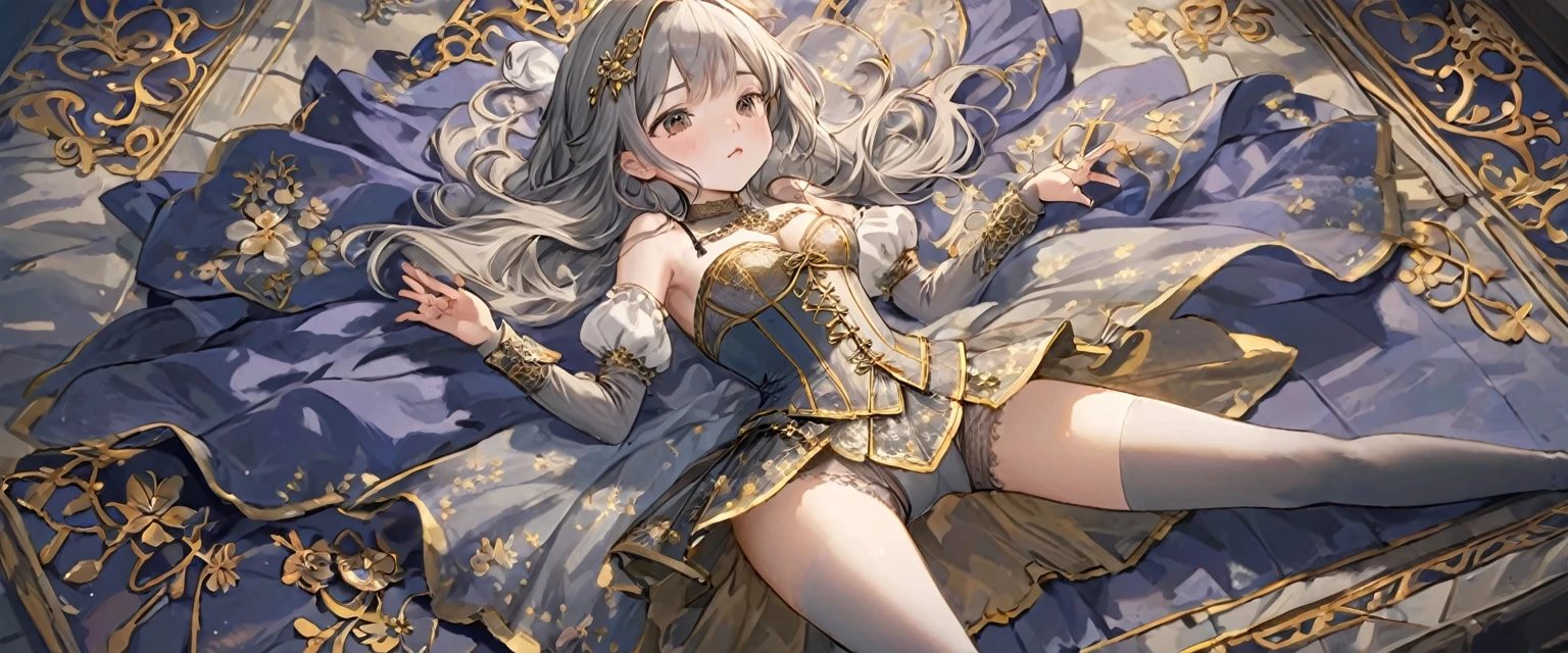 8 year old medieval girl, 1people々、In underwear、Gold and silver thread embroidery、Translucent underwear that reaches below the knee(Bloomers)wear、wear a semi-transparent corset、Translucent slip, Grey translucent tights、sleep