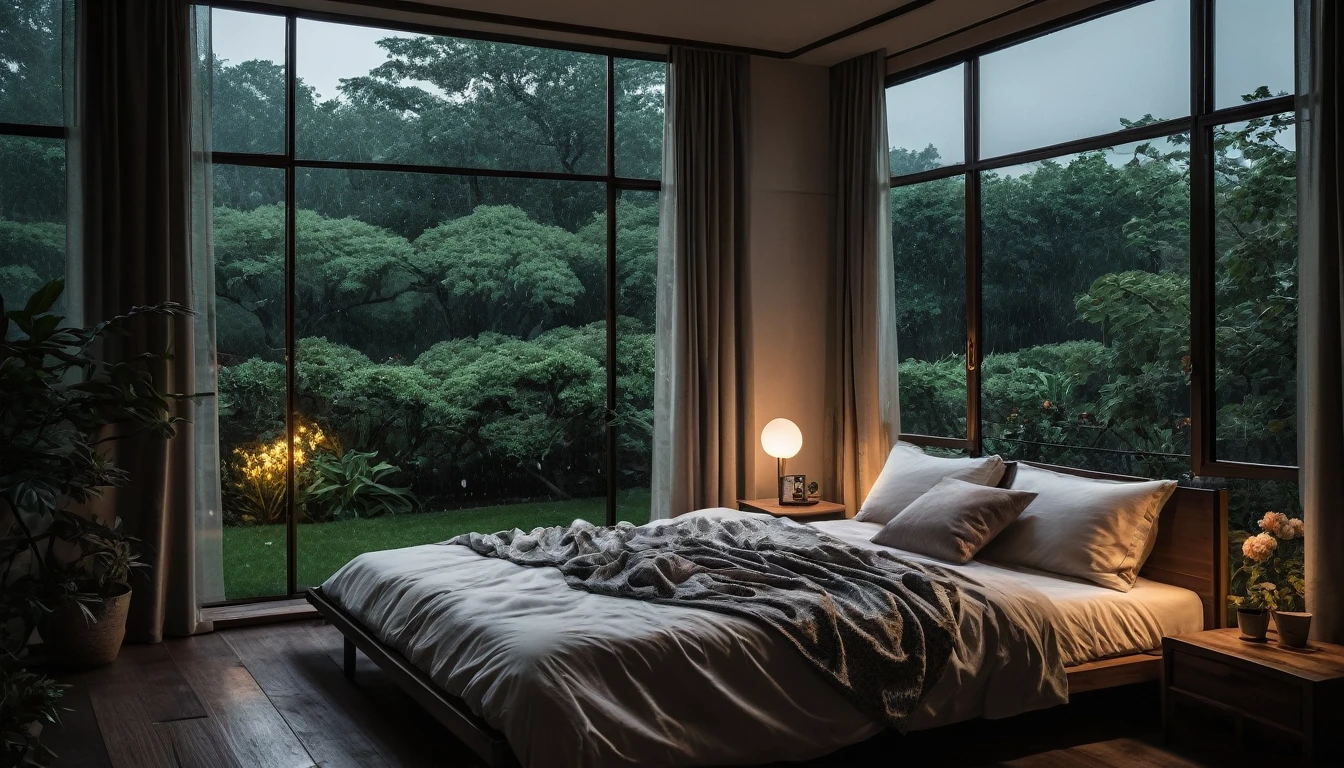 The picture shows a cozy gloomy bedroom, with a large window offering a view of a beautiful, dimly lit garden AND a garden soaked in FLOWERS, the cobblestones of the Japanese house concept. CINEMATIC, JAPANESE HOUSE, the shape of a Japanese house, and lots of flower gardens in the garden. The bed was unmade with rumpled sheets, indicating only a light sleep. the room is dark, gloomy, looks dim, gloomy. Beside the bed there is a small table with a classic lamp that radiates warm light into the room. Outside the window you can see the lush greenery of the terrace or balcony area, the rain is falling, the lamp on the left provides warm lighting, creating a calm and peaceful atmosphere. with fog obscuring part of the view in the distance. The contrast between the warmth indoors and the rain outdoors creates an inviting and calming atmosphere