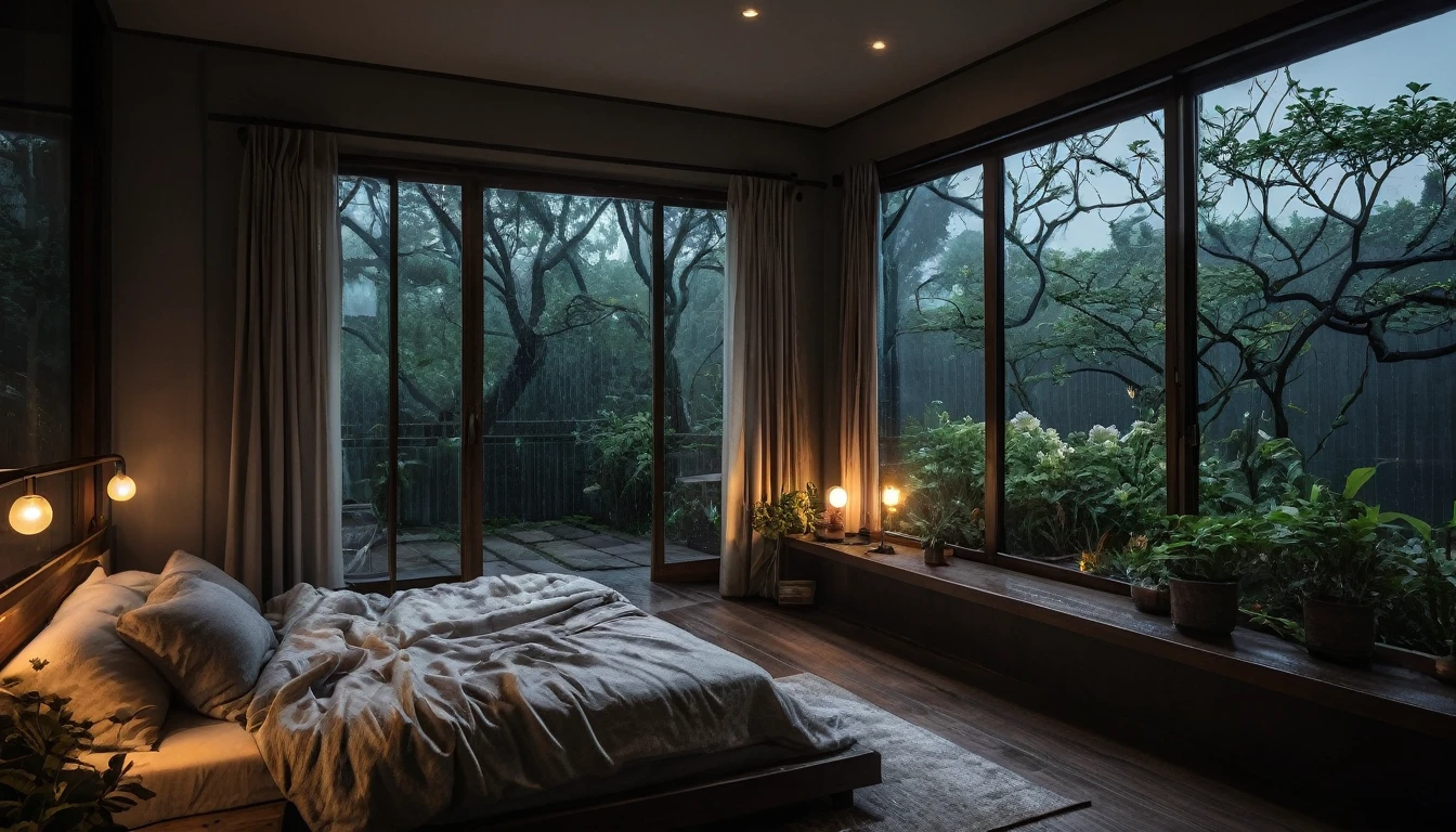 The picture shows a cozy gloomy bedroom, with a large window offering a view of a beautiful, dimly lit garden AND a garden soaked in FLOWERS, the cobblestones of the Japanese house concept. CINEMATIC, JAPANESE HOUSE, the shape of a Japanese house, and lots of flower gardens in the garden. The bed was unmade with rumpled sheets, indicating only a light sleep. the room is dark, gloomy, looks dim, gloomy. Beside the bed there is a small table with a classic lamp that radiates warm light into the room. Outside the window you can see the lush greenery of the terrace or balcony area, the rain is falling, the lamp on the left provides warm lighting, creating a calm and peaceful atmosphere. with fog obscuring part of the view in the distance. The contrast ween the warmth indoors and the rain outdoors creates an inviting and calming atmosphere
