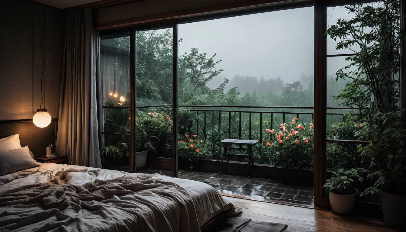The picture shows a cozy gloomy bedroom, with a large window offering a view of a beautiful, dimly lit garden AND a garden soaked in FLOWERS, the cobblestones of the Japanese house concept. CINEMATIC, JAPANESE HOUSE, the shape of a Japanese house, and lots of flower gardens in the garden. The bed was unmade with rumpled sheets, indicating only a light sleep. the room is dark, gloomy, looks dim, gloomy. Beside the bed there is a small table with a classic lamp that radiates warm light into the room. Outside the window you can see the lush greenery of the terrace or balcony area, the rain is falling, the lamp on the left provides warm lighting, creating a calm and peaceful atmosphere. with fog obscuring part of the view in the distance. The contrast between the warmth indoors and the rain outdoors creates an inviting and calming atmosphere