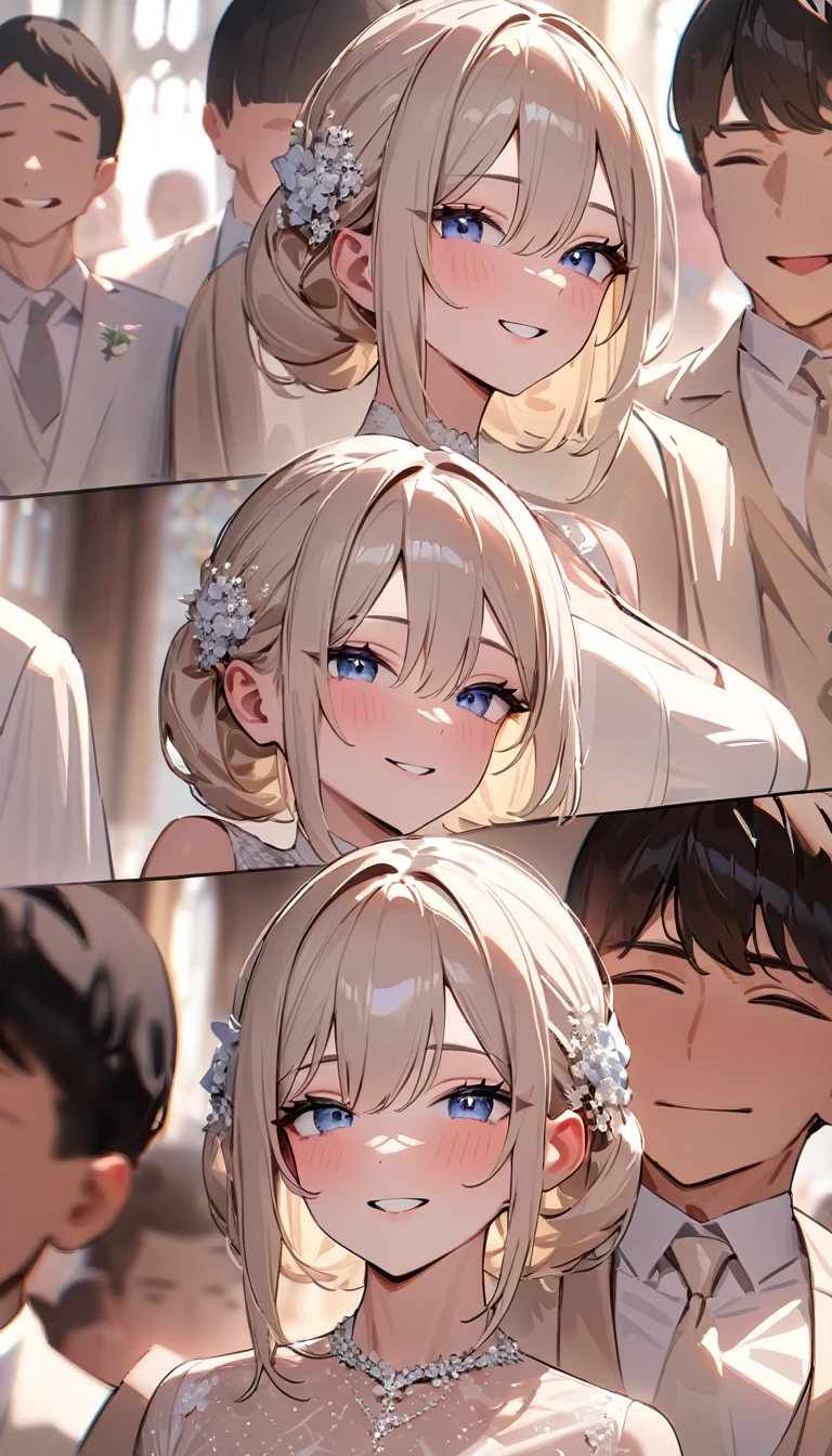 masterpiece , modern, Verism, masterpiece, super detail, best quality,4K , (((head shot))),Beautiful man and woman wedding, Lined up next to each other,People who bless those around,Inside the church,Happy atmosphere,Blurred background