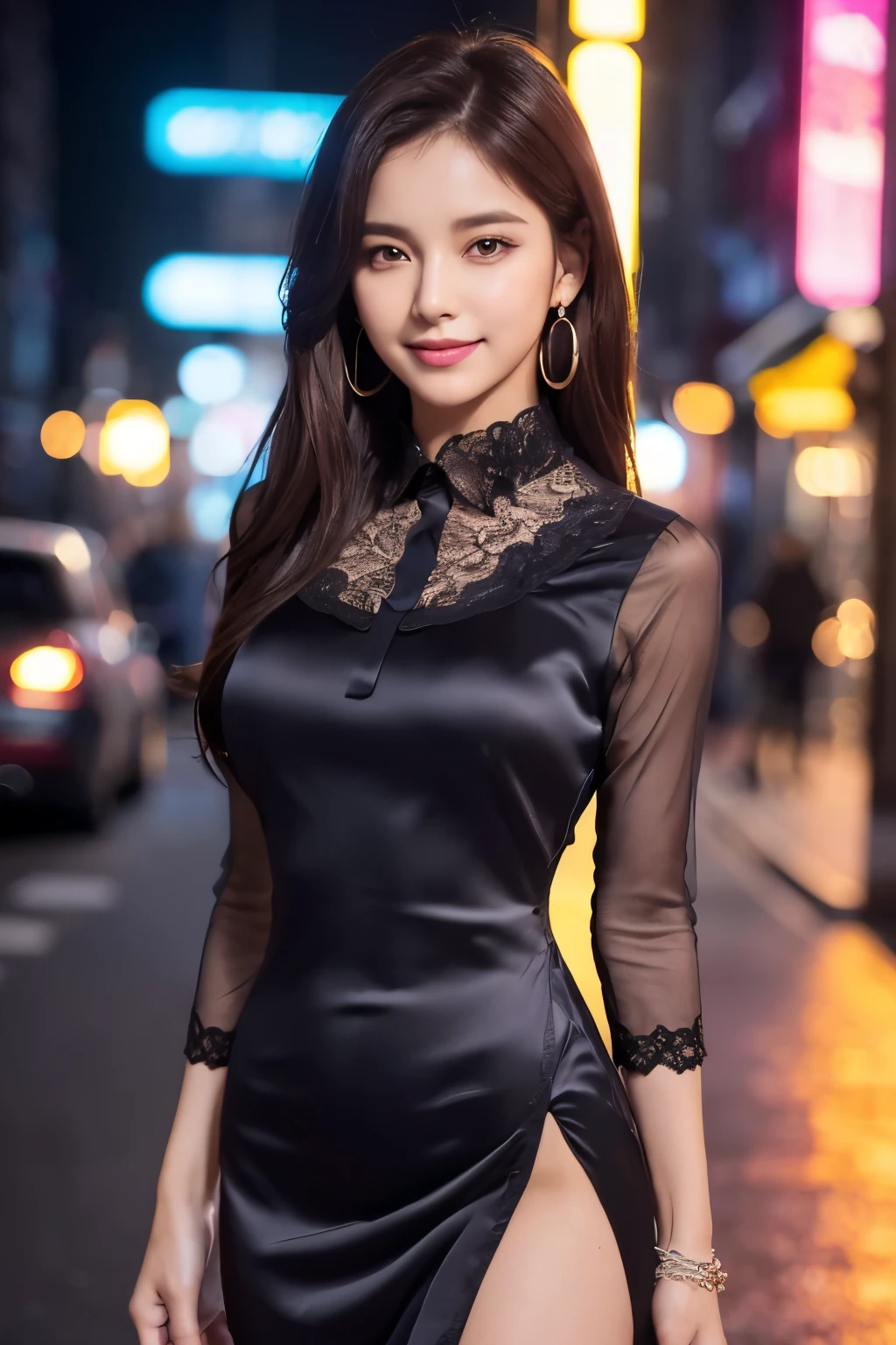 8k, masterpiece, RAW Photos, Highest quality, Realistic, extremely detailed CG unity 8k wallpaper, Depth of written boundary, Cinematic Light, Lens flare, Ray Tracing, (Very beautiful face, Beautiful Lips, Beautiful Eyes), Exquisitely detailed face, ((Highly detailed skin)) One girl, In the Dark, Deep Shadow, Cute Korean Girl, K-Pop Idols, 1 girl, (Very slim slender fit-muscled body:1.3), ((View your viewers)),(Big smile:1.3), (Hot pink blouse), (No sleeve) , (Fashion City Night, Dark Night, (Neon Signs), (Blurred Background), Fashion Street Night),(No people in the background:1.3), Beautiful earrings, bracelet, necklace, pantyhose, Clear Eyes, walk, (Pale skin), (Big eyes), Look forward, ((Upper Body Shot)), ((Silk collar dress:1.3)),(Brown Hair),((tight fitting Lace dress)), (Lace dress), (See through), (View your viewers:1.3) Open chest, Very slim, Medium chest, Turn back,((Buckshot)), See through, Joaquin, Sparkle Effect, Neon Light, After work, weekend, Date, Back view, Looking back beauty