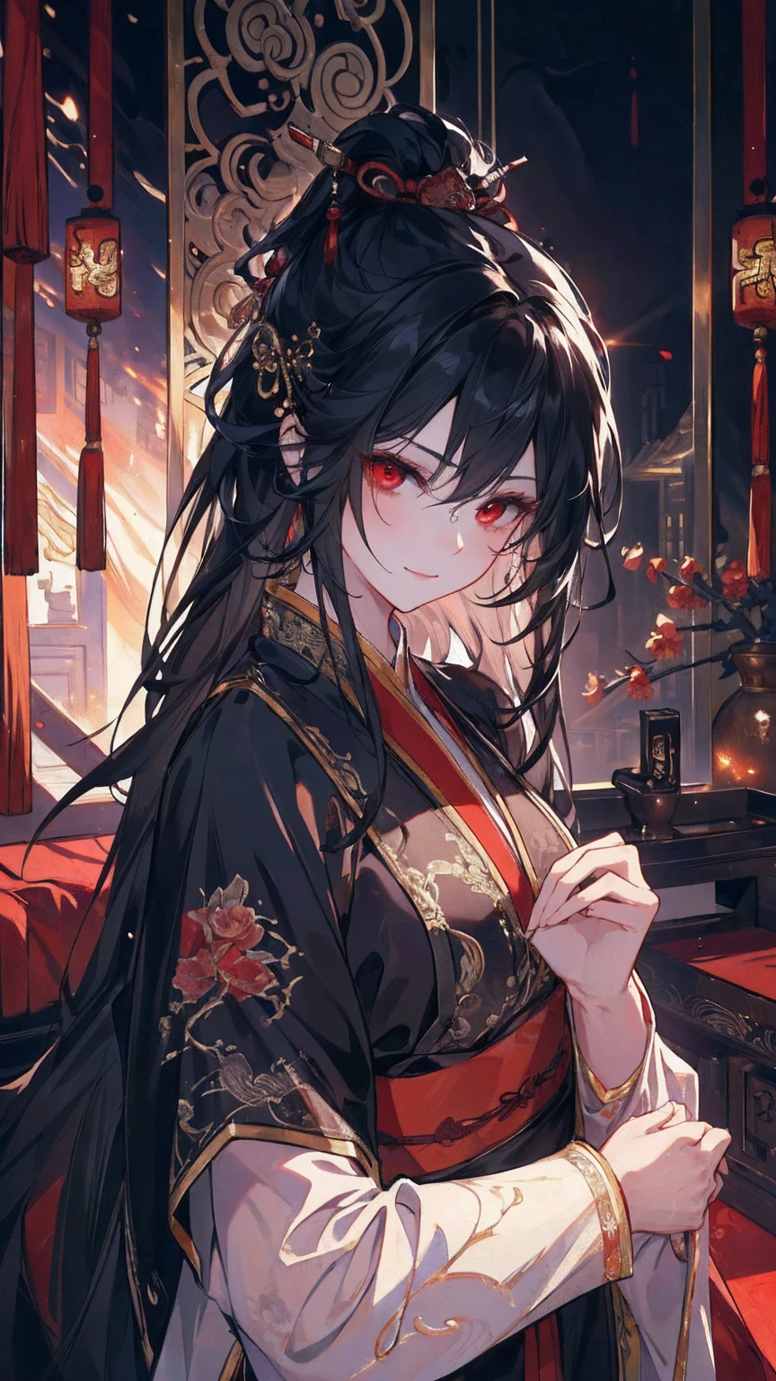 (extremely detailed 8K wallpaper),(ultra-detailed),(best quality),(masterpiece),(highly detailed),(cinematic lighting),(Original),Cold ligh,moody,(Chinese elaborate-style painting ),ink style, black hair, red eyes, sweet smile, sad face, holding her little baby