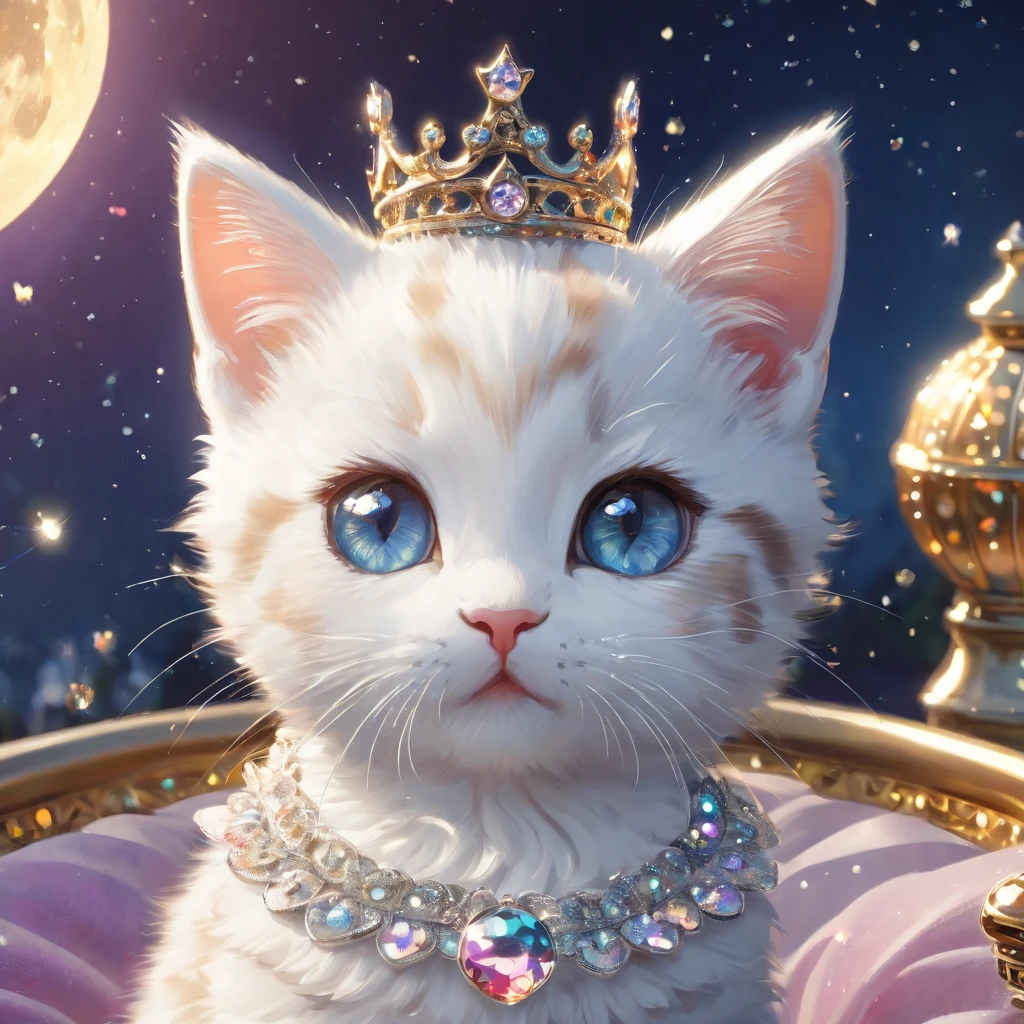 rich and colorful，fairy tale,Wonderful and magical，Character rendering，Oil painting，3d，8K resolution，Sequins，shiny，［little princess crown］，moonlight，Cute Q version kawaii,Close-up portrait of white tabby kitten，Delicate eyes，big, round, Reflective eyes，The skin is full of radiance