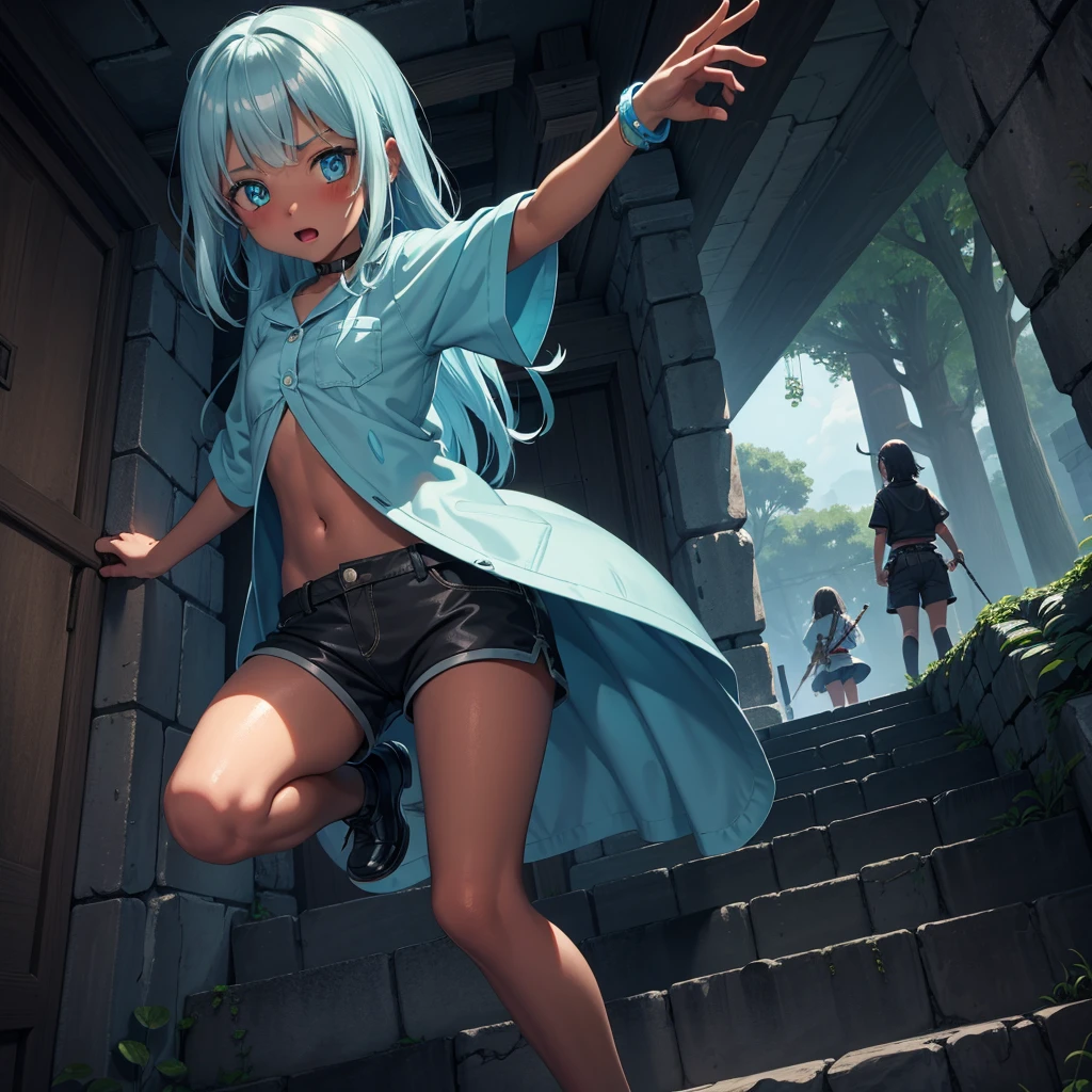 最high quality、high quality、Simple cloth clothing、１０Year old girl adventurer、Climb the maze stairs、Shorts、Equipped with a dagger and a shield、In a dark maze、The body is being swallowed by slime