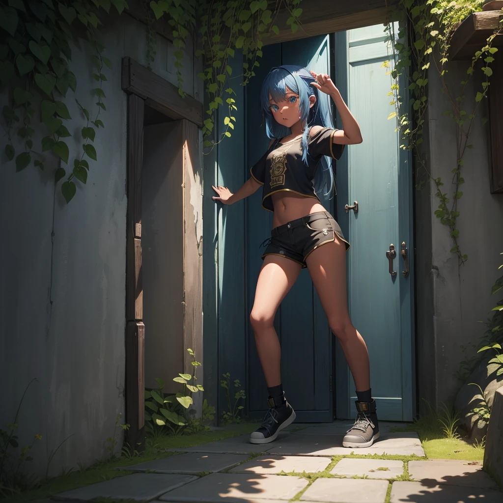 最high quality、high quality、Simple cloth clothing、10Year old girl adventurer、Climb the maze stairs、Shorts、Equipped with a dagger and a shield、In a dark maze、The body is being swallowed by slime