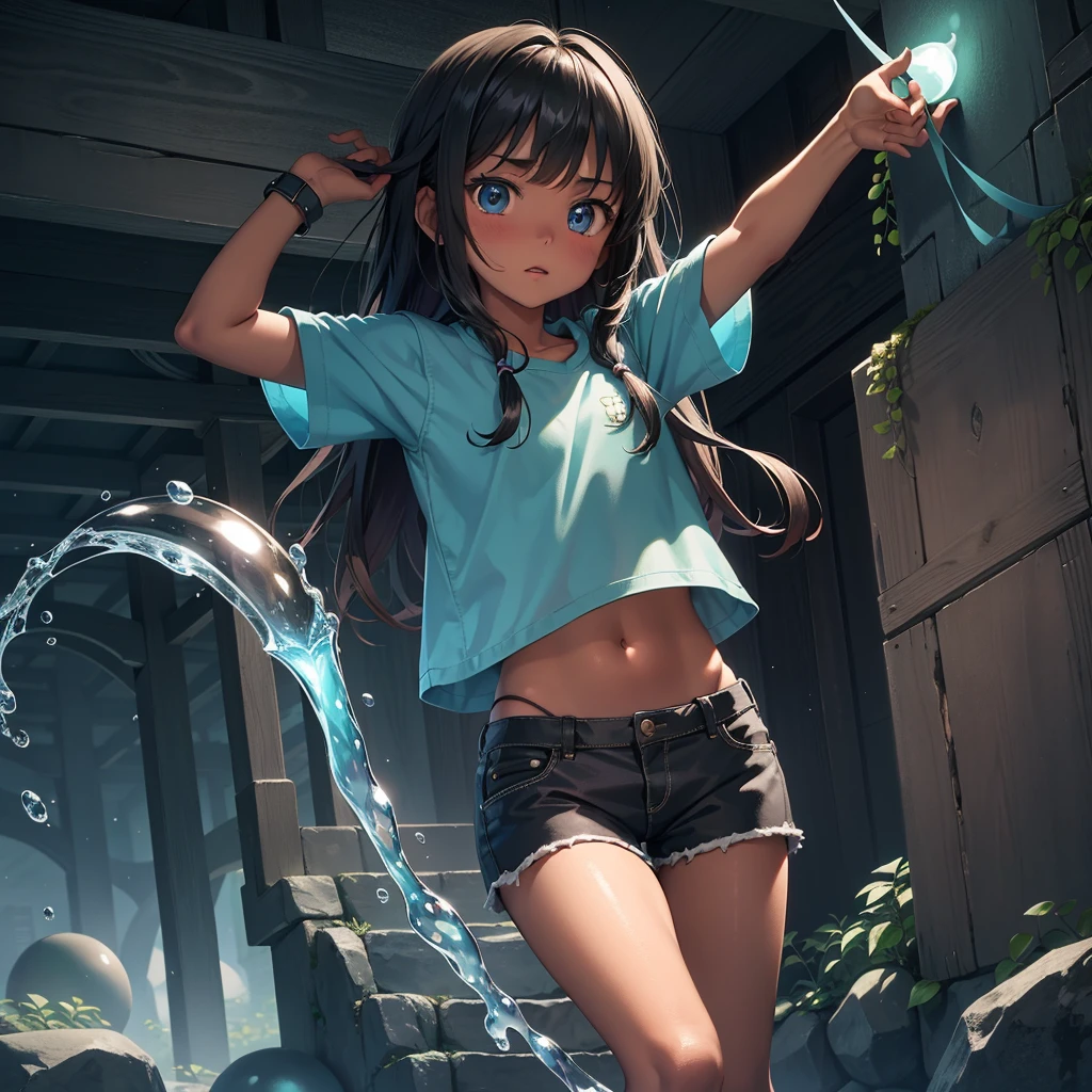 最high quality、high quality、Simple cloth clothing、10Year old girl adventurer、Climb the maze stairs、Shorts、Equipped with a dagger and a shield、In a dark maze、The body is being swallowed by slime