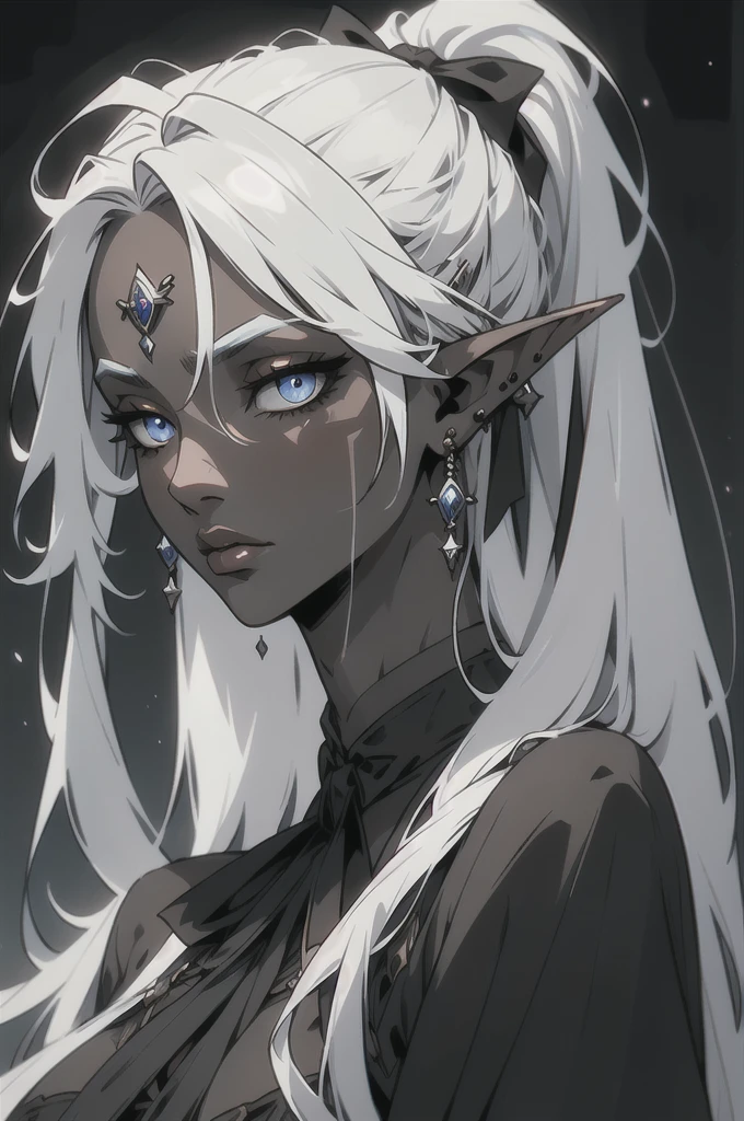 masterpiece, official art, best quality , extremely detailed, fantasyv2, 1girl, solo, long hair, bangs, blue eyes, ribbon, jewelry, hair ribbon, upper body, ponytail, white hair, sidelocks, earrings, pointy ears, dark skin, dark-skinned female, lips, eyelashes, black ribbon, colored skin, black background, elf, portrait, dark elf , 