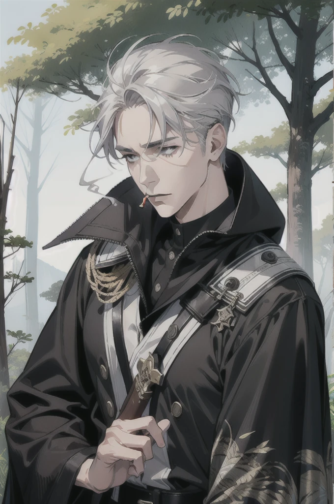 A white ex-military man in his 40s。Gray Hair。Brown cape。The background is a forest。There is a big rock。Smoking a cigarette。There is a sword nearby。solo, Overlooking, 