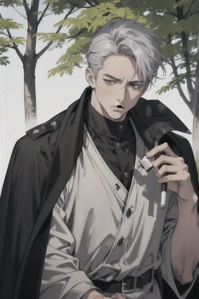 A white ex-military man in his 40s。Gray Hair。Brown cape。The background is a forest。There is a big rock。Smoking a cigarette。There is a sword nearby。solo, Overlooking, 