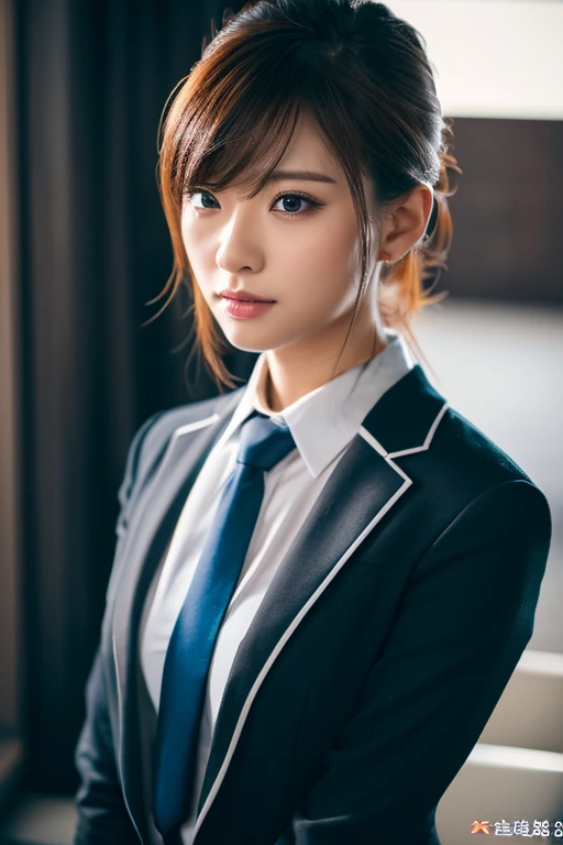 female、female性、黒髪のfemale性、wearing a suit and a tie、A photo with the body and head in a straight line, Engage your audience, The eye is fixed on the lens, In the photo you can see the shoulders and head, , 8k, Highest quality, Tabletop, Realistic, Realistic photo, Cinematography, ultra Realistic,  Perfect lighting, dsrl, Professional photos, 4K Muscle