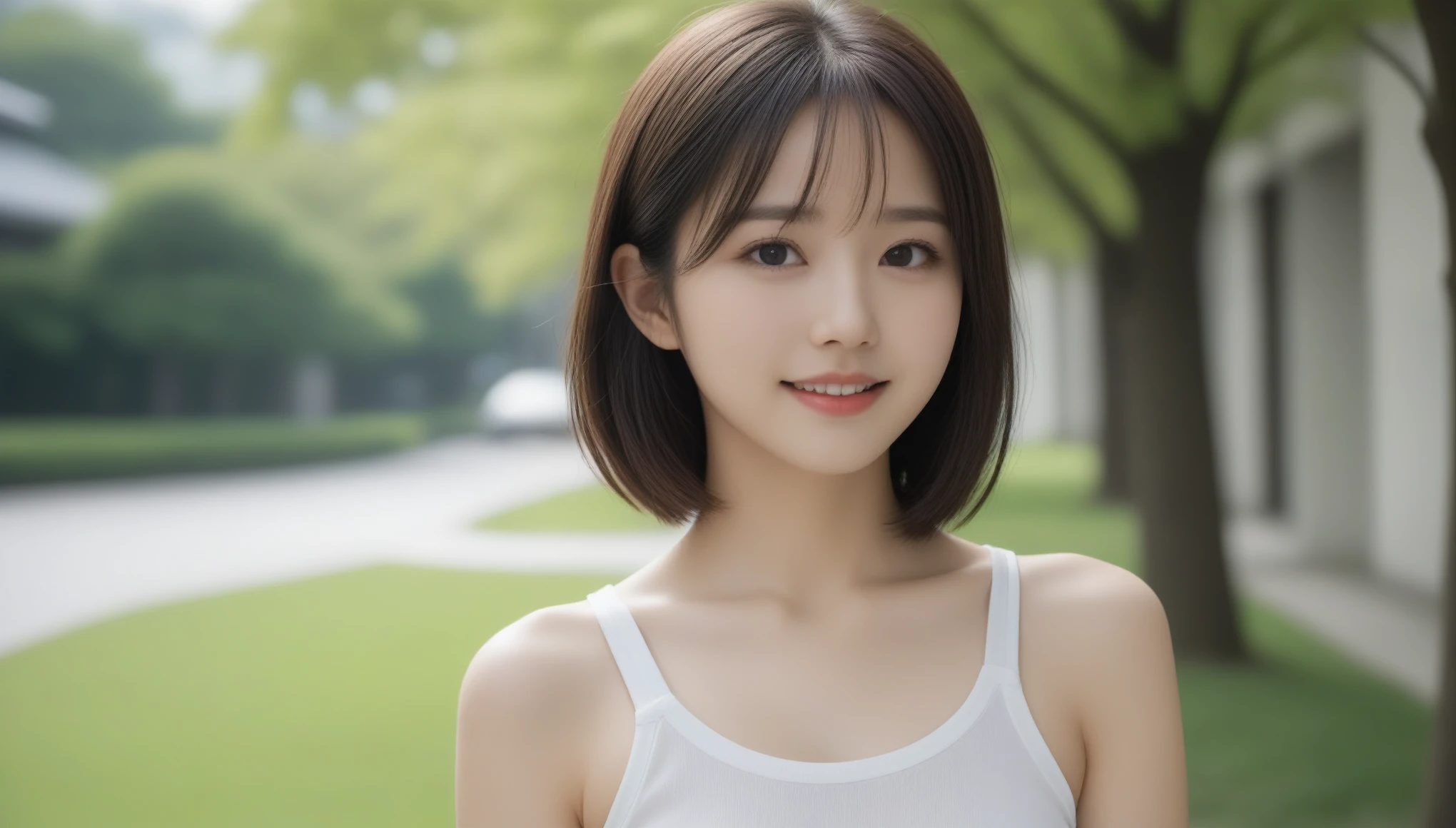 8k, Ultra-high resolution, Highest quality, masterpiece, 三分割法によるphotograph,Surreal, photograph, 1 Girl, (:1.3), pretty girl, Cute Face, Beautiful eyes in every detail, 細かくdetailedに,masterpiece,One Girl:1.2, Japan Female Announcer,extream close up,smile,Black Hair,Messy hair,street tree,Urban area,Young Wife,healthy,Summer knitwear,Décolletage,Natural Makeup,Beautiful clavicle,Realistic Skin, Perfect and beautiful face ,完璧でCute Face, Skin with attention to detail, Perfect limbs、Narrow waist、Thin legs),Looking at the audience、beauty,Long neck、(((Ideal body type))),A cup small breasts :2,Portraiture:2,Perfect Anatomy,鮮明なdetailed,detailed,Surreal,Light and shadow,dappled sunlight