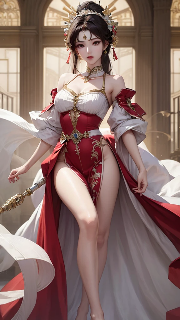 Classical Beauty。Bellyband。Beautiful Face。big eyes,Long eyelashes。High nose bridge。Beautiful clavicle。White and tender skin,Pointed chest。Thin waist and hips。Long legs and beautiful feet。Thighs exposed。Exposed shoulders。Waist and abdomen exposed。High resolution,Professional Lighting。High Detail。.
