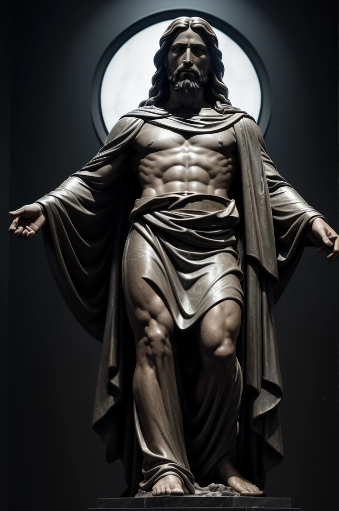 Create an Amoled wallpaper with a completely black background and in the foreground a grey marble statue of Jesus Christ .