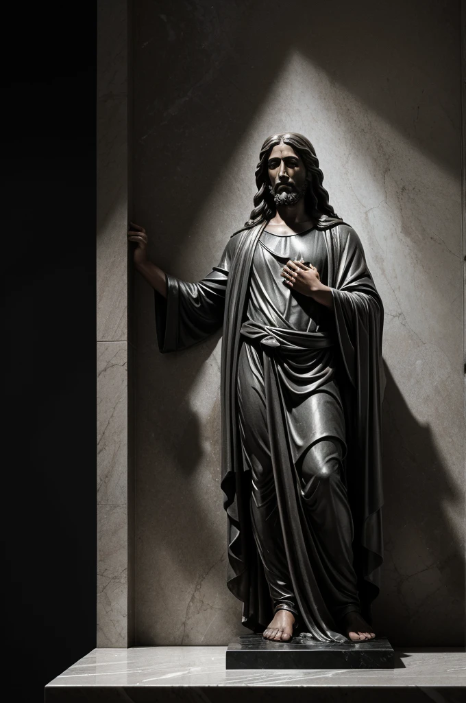 Create an Amoled wallpaper with a completely black background and in the foreground a grey marble statue of Jesus Christ .
